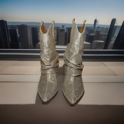 Jessica Simpson Gemorra Slouch Boots Gold Rhinestone Finish Women's Size 9.5 /41