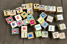 Vintage Disney Wood Blocks Mickey Character Alphabet Toys 35 Pieces