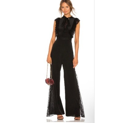Alexis Small Gislane Jumpsuit Black Silk Combo Ruffled Lace Tie Neck Wide Leg