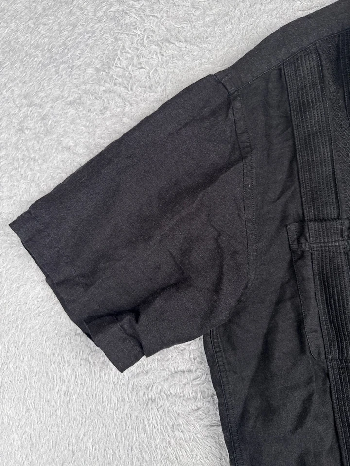 Marquis Guayabera Shirt Men Large Black 4 Pocket Linen Blend Short Sleeve READ - Image 3 of 4