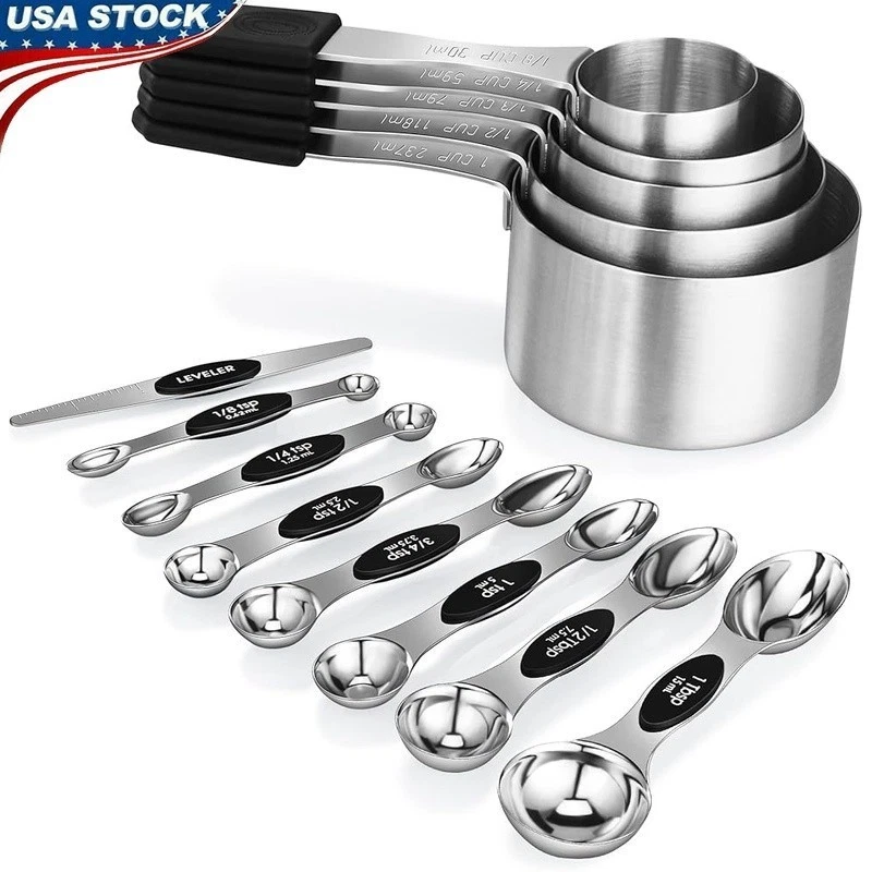 Magnetic Stainless Steel Measuring Cups & Spoons Set 13 Pieces W/ Leveler New