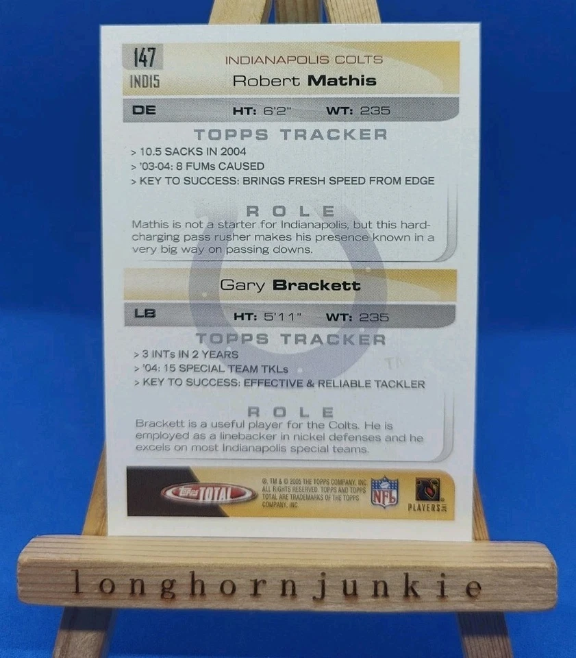 2005 Topps Total Robert Mathis RC rookie card / Gary Brackett Indianapolis Colts - Image 2 of 2