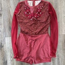 Alexandra Dance Costume Size Small Burgandy Sequin Floral Lng Sleeve Competition