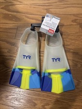 TYR Stryker Silicone Blue and Yellow Adult Swim Fins - sz Med, M 6-7 W 7.5-8.5 
