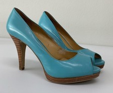 Nine West Danee Peep Toe Teal Platform Pump Leather US 7.5 M Pin Up Stiletto