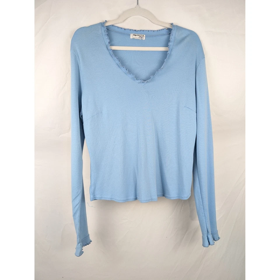 Top De Colección Spiegel Azul Volantes 100% Algodón Cuello en V Manga Larga L Coqueta Delicada Y2 Foto 2 de 4