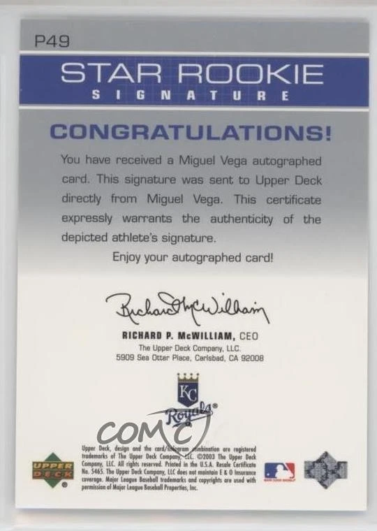 2003 Upper Deck Prospect Premieres Auto Miguel Vega #P49 Auto - Image 2 of 2