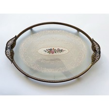 Vintage Brass & Glass Oval Vanity Dressing Tr...