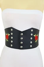 Women Wide Black Faux Leather Fashion Elastic Corset Belt Red Rose Flower S M