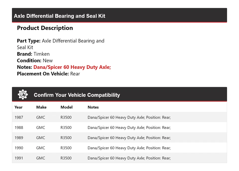 Kit de rolamento e vedação diferencial de eixo traseiro Timken 1988 para 1987-1991 GMC R3500 - Imagem 2 de 3