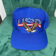 Vintage USA Embroidered Flag Eagle Hat Logo Snap Back Blue Nissin Cap