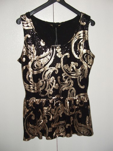 Select - Black/Gold sleeveless squin Top, Peplum, Lined - Womens UK 8 BNWT Party