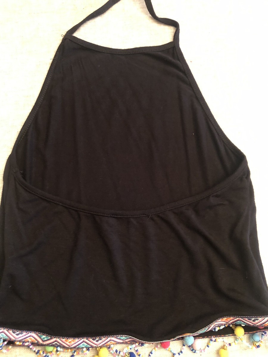 Shein Black Halter Top, Side Zip, Multicolor Design On Hem