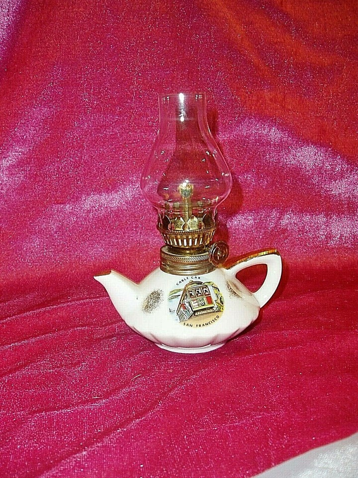 VTG, "MINI PORCELAIN HURRICANE OIL LAMP & GLASS SHADE CABLE CAR SAN