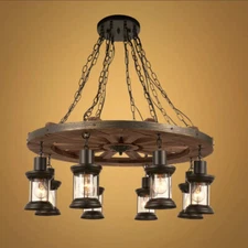 8-Lights Wagon Wheel Chandelier Wooden Pendant Lamp Rustic Ceiling Light