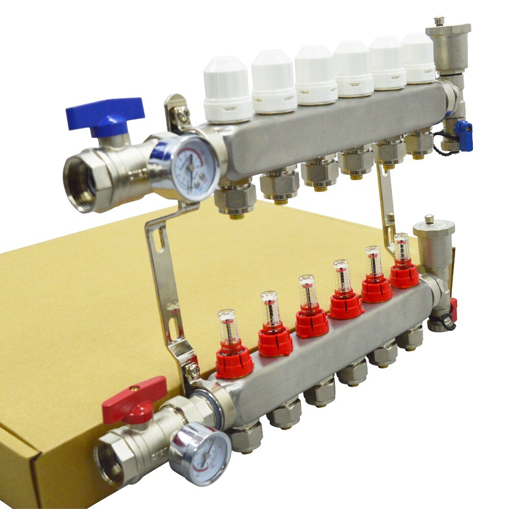 6-Branch PEX Floor Heating Manifold 304 Stainless Steel 1-95℃ 1.5MPa