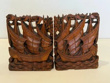 Pair of Vintage Chinese Hand Carved Wood Nautical Sailing Clipper Ships Bookends