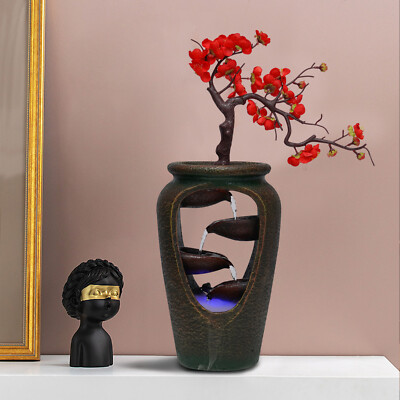 LED Light Resin Vase Fountain Waterfall Desktop Water Indoor Decor with Atomizer