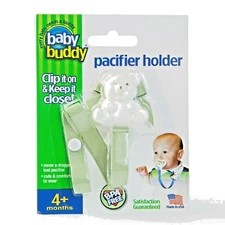 Baby Buddy Pacifier Holder Clip - BPA Free - White w/ Sage Ribbon 4 Mo + -- NEW