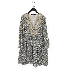 Zara Cream Ikat Print Embroidered Dress Cotton Linen - Size S
