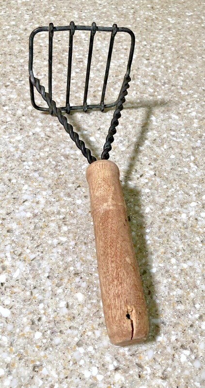Vintage Spiral Wire Square Potato Masher / Ground Meat Mixer Wooden Handle