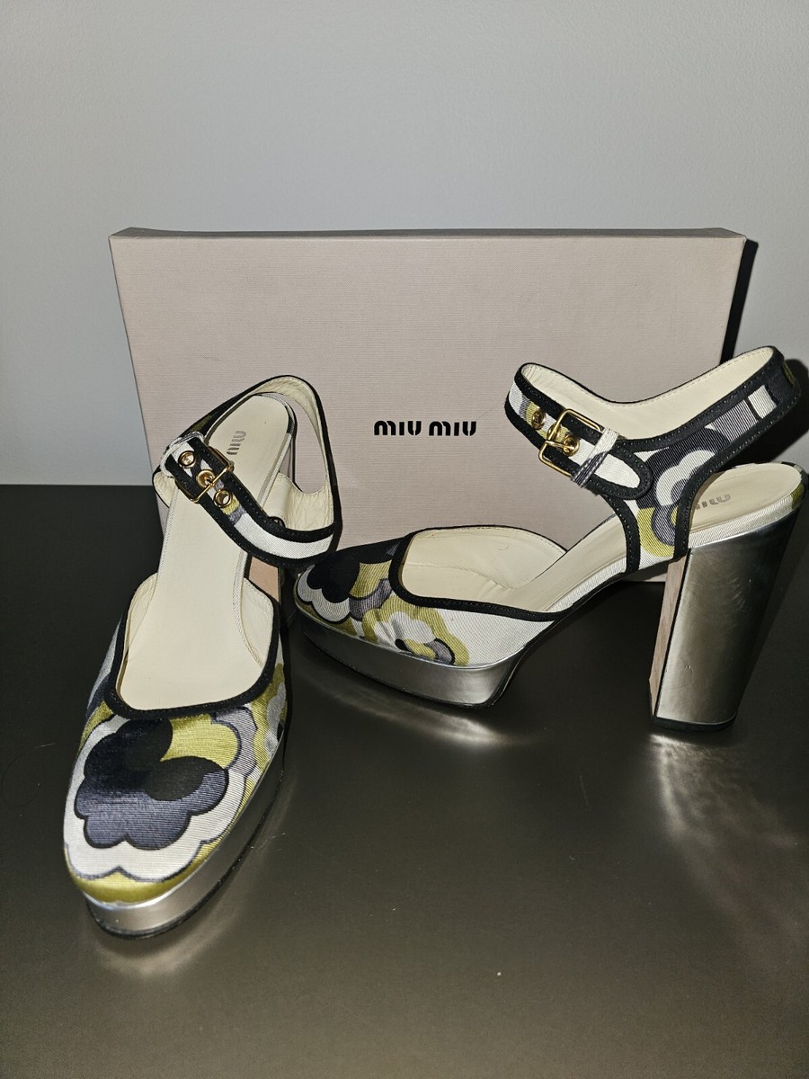 MIU MIU Metallic Silver Platform Sandals Shoes Italy Floral Sz 40