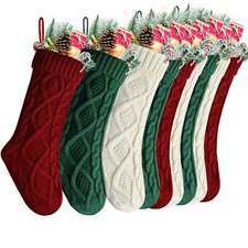 Christmas Stockings Bulk, Large 18 Inches Burgundy, Ivory and Green Cable Kni...