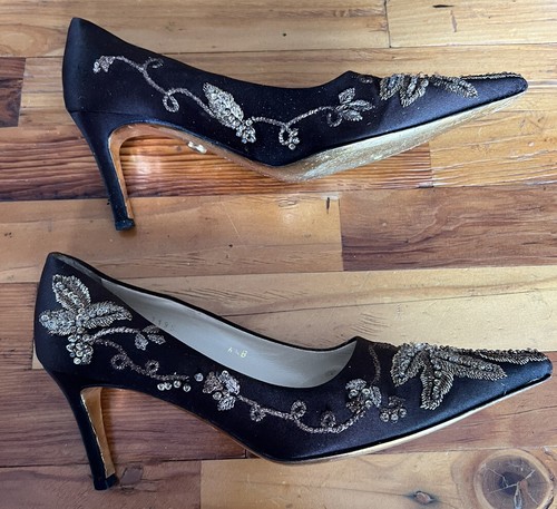 Judith Lieber 7195 Beaded Floral Chocolate Satin High Heels Size 6.5B - Picture 8 of 16
