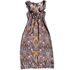 Eci New York Women’s Size 4 Brown, Orange, Teal Paisley Ruffle V-Neck Maxi Dress