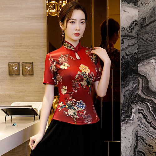 Chinesisches Qipao-Damenhemd Mandarinenkragen traditionelle Bluse kurzärmelige Oberteile - Bild 14 von 29