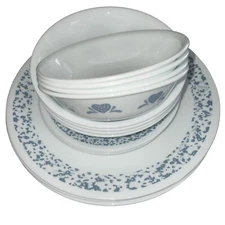 4 Person Corelle Blue Hearts 20 Piece Dinnerware Set Sponge Pattern Service Set