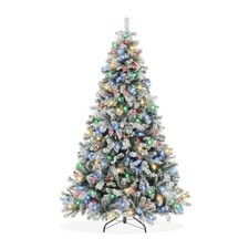 7.5FT Pre-Lit Snow Flocked Artificial Christmas Tree - White, Multicolor Lights