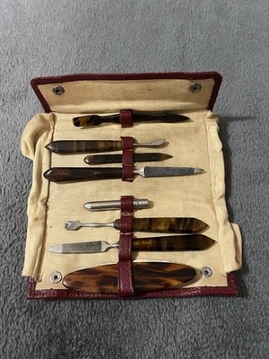 Vintage Art Deco Stil Maniküre Reise Set - Faux Schildpatt Griffe - 8 Stück