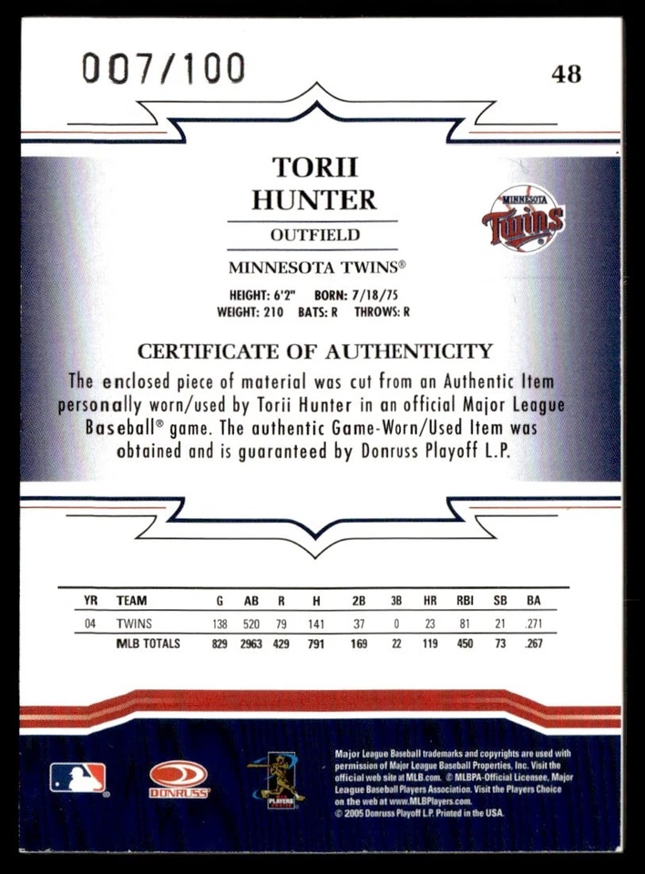 Camiseta deportiva Donruss Throwback Threads Material 2005 Torii Hunter 007/100 Minnesota Foto 2 de 2