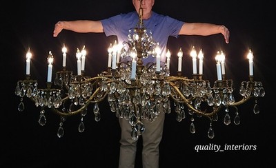 Huge Antique French Brass Crystal Chandelier 66