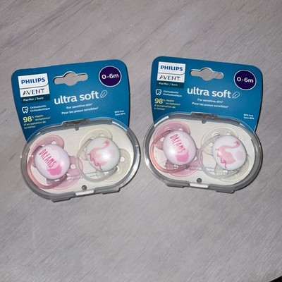 2 PACK Philips Avent Ultra Soft Pacifier 0-6m  Sensitive Skin Pink&White w/Case 