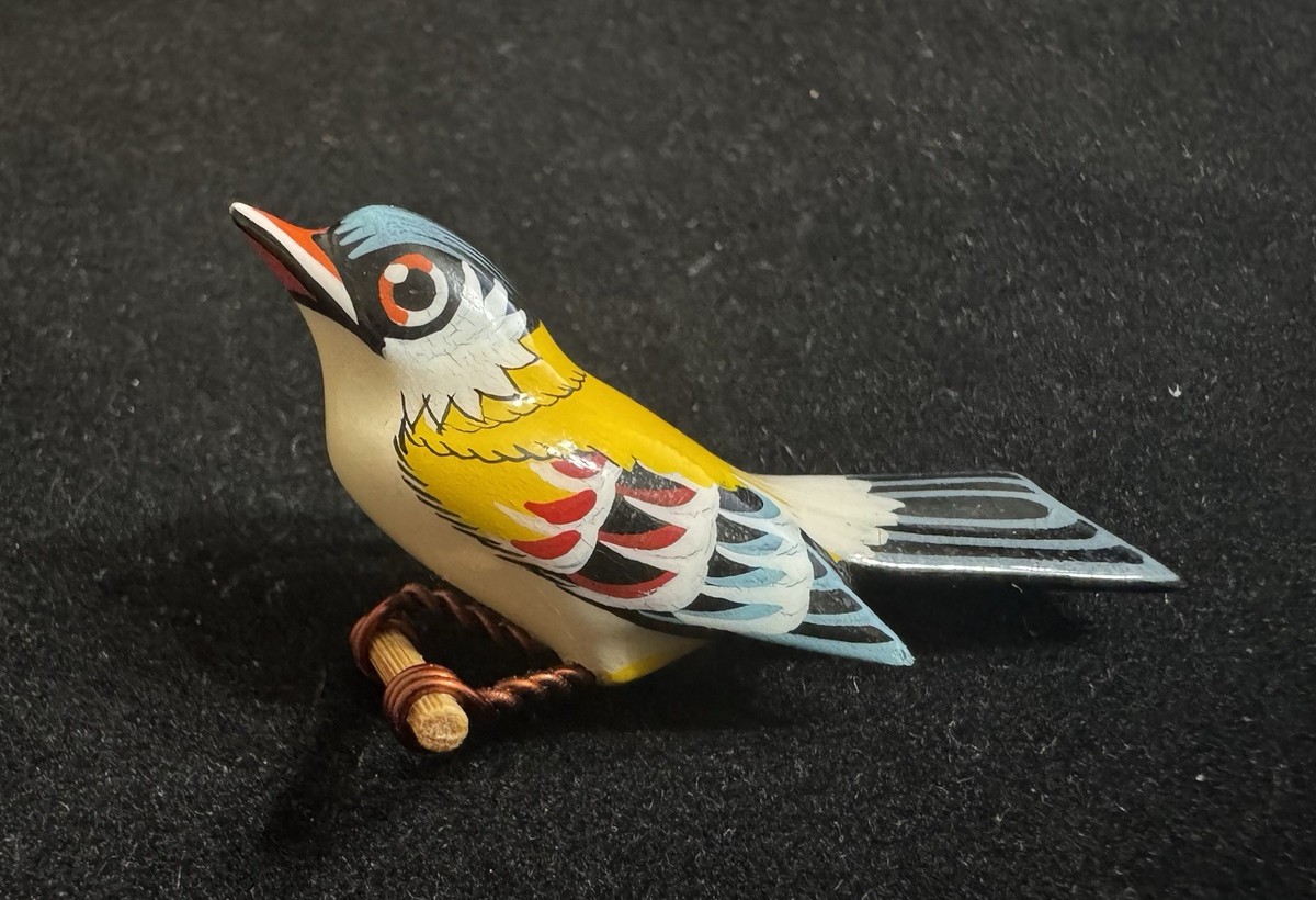 Vintage Takahashi Style Goldfinch Bird Brooch HandPainted Wooden