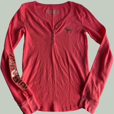 Victoria's Secret PINK Henley Top Neon Pink Waffle Knit Long Sleeve Y2K Medium - Image 1 of 4