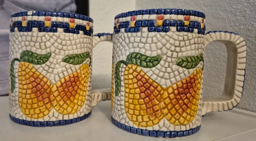Vintage Clay Art Mosaic Pear Coffee Mugs Cups South San Francisco Set of 2 1995