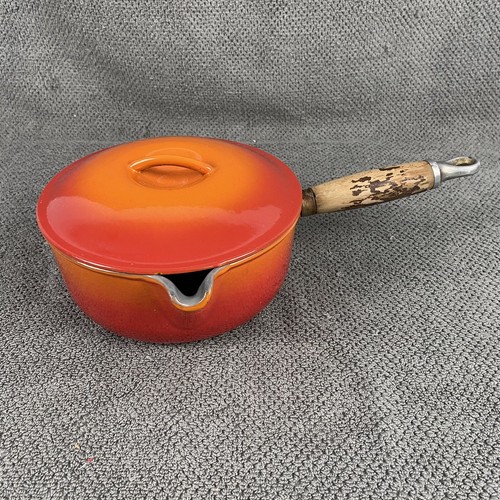 Vintage Le Creuset Enameled Cast Iron Saucepan 18 w/ LId wood Hand
