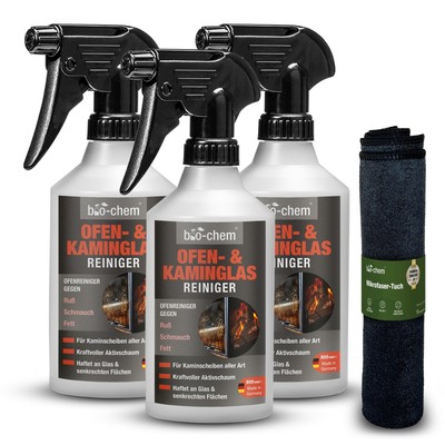 bio-chem Ofen- und Kaminglasreiniger Kaminscheibenreiniger Gel 3x 500 ML + Tuch