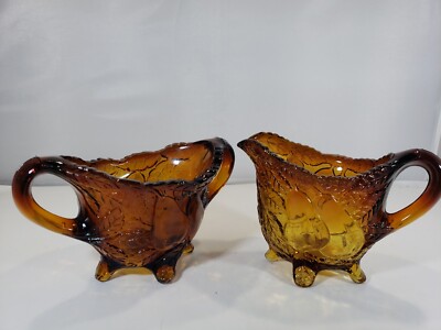 Vintage Amber Glass Pear And Leaves Sugar And Creamer Glows
