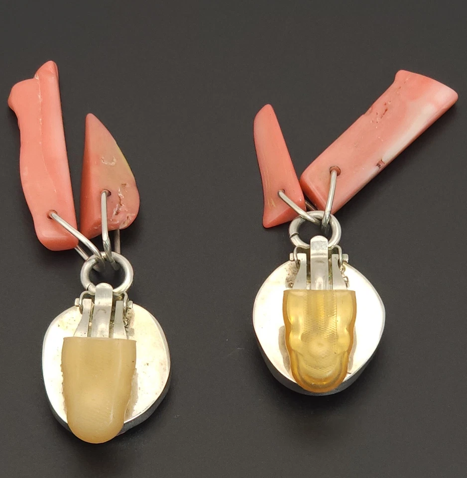 Vintage Signed Rebecca Collins Sterling Silver Clip Earrings Pink Coral Dangle - Image 4 of 4