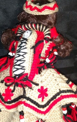 Vintage Crocheted Dress / Baby Carrier, Hair Piece 15" Doll Plastic - Picture 5 of 13