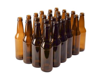 12 oz Long-Neck Amber Beer Bottles (Case of 24)  w/ Black Crown Caps