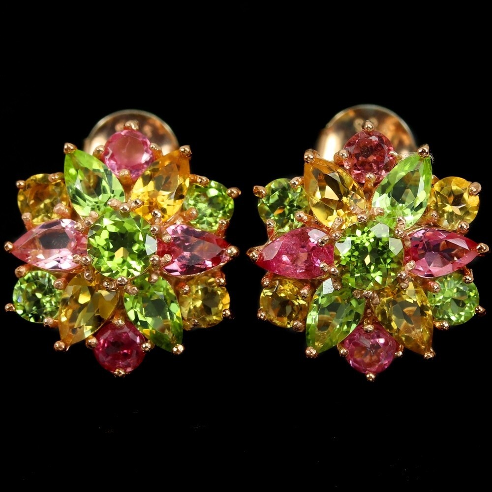 Natural Green Peridot Citrine Tourmaline Sterling Silver Flower Earrings