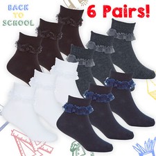 6 Pairs Girls Frilly Socks Ankle Back to School Uniform Lace Ruffle Size 6.5-5.5