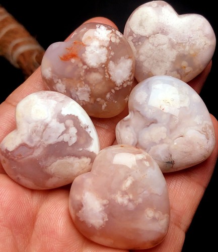 92g 5 Stück Blütenachat Schneeflocke Kirschblüte Blume Quarz Kristall Herz q10 - Bild 1 von 6