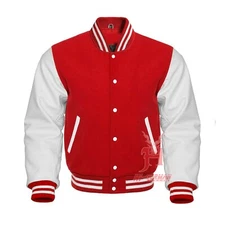 Varsity Letterman Baseball Red Wool Genuine White Leather Sleeves Jackets