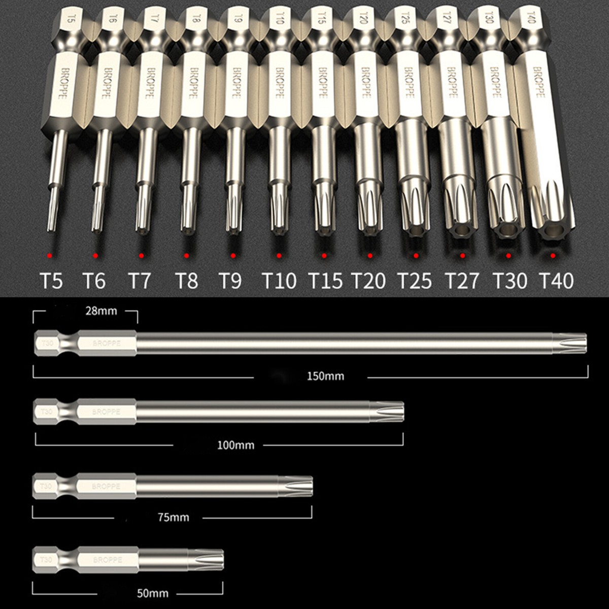 T5,6,8,10,15,20,25,30,40 TORX Screwdriver Bit Set 50/75/100/150mm